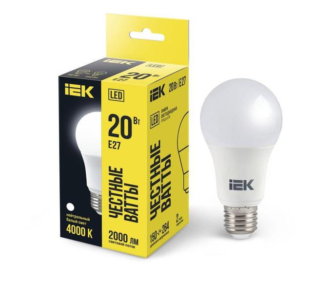 Лампа светодиодная Eco 20Вт A60 шар грушевидная 4000К нейтр. бел. E27 230В IEK LLE-A60-20-230-40-E27