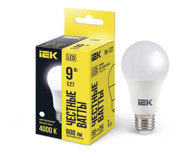 Лампа светодиодная Eco 9Вт A60 шар грушевидная 4000К нейтр. бел. E27 810лм 230-240В IEK LLE-A60-9-230-40-E27