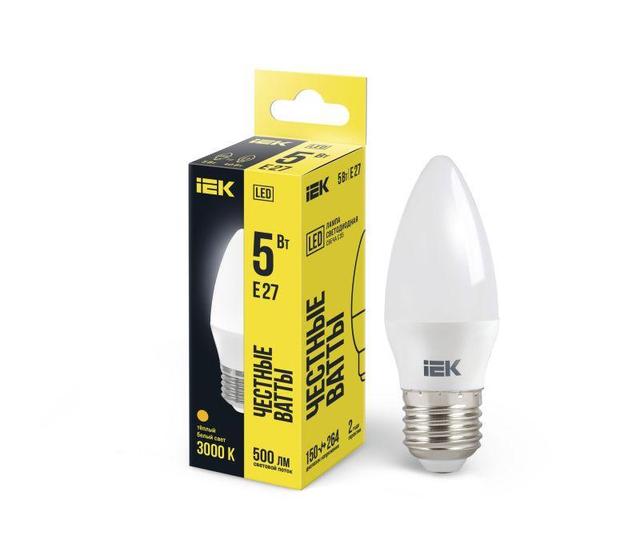 Лампа светодиодная ECO C35 5Вт свеча 3000К тепл. бел. E27 450лм 230-240В IEK LLE-C35-5-230-30-E27