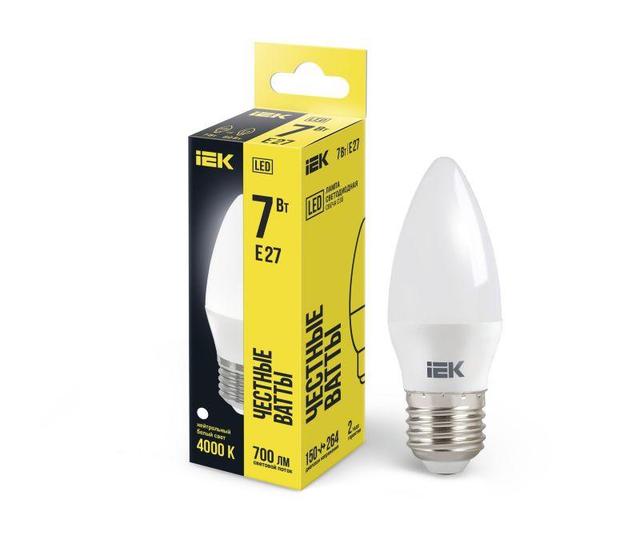 Лампа светодиодная Eco 7Вт C35 свеча 4000К нейтр. бел. E27 230В IEK LLE-C35-7-230-40-E27