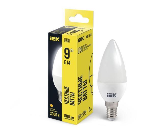 Лампа светодиодная ECO C35 9Вт свеча 3000К E14 230В IEK LLE-C35-9-230-30-E14