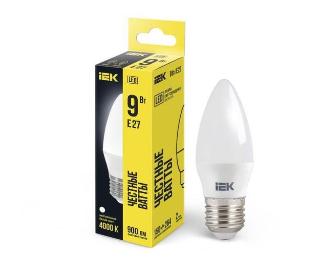 Лампа светодиодная Eco 9Вт C35 свеча 4000К нейтр. бел. E27 230В IEK LLE-C35-9-230-40-E27