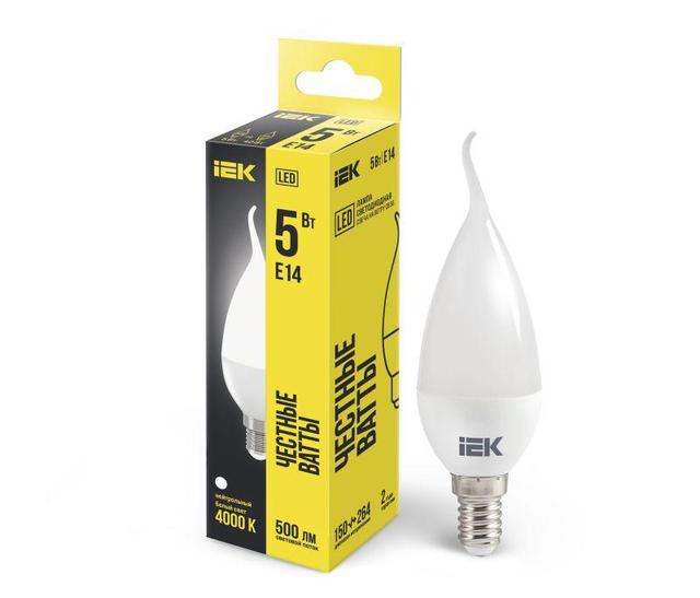 Лампа светодиодная Eco 5Вт CB35 свеча на ветру 4000К нейтр. бел. E14 450лм 230-240В IEK LLE-CB35-5-230-40-E14