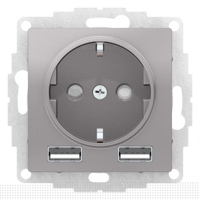 Розетка 1-м СП AtlasDesign 16А IP20 с 2-мя заряд. устройствами USB тип A+A 5В/2.4А 2х5В/1.2А механизм алюм. SE ATN000330