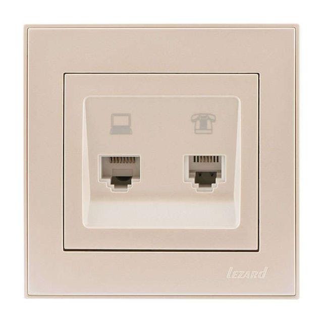 Розетка компьютерная + телефонная 2-м СП Rain RJ45 + RJ11 крем. LEZARD 703-0303-143