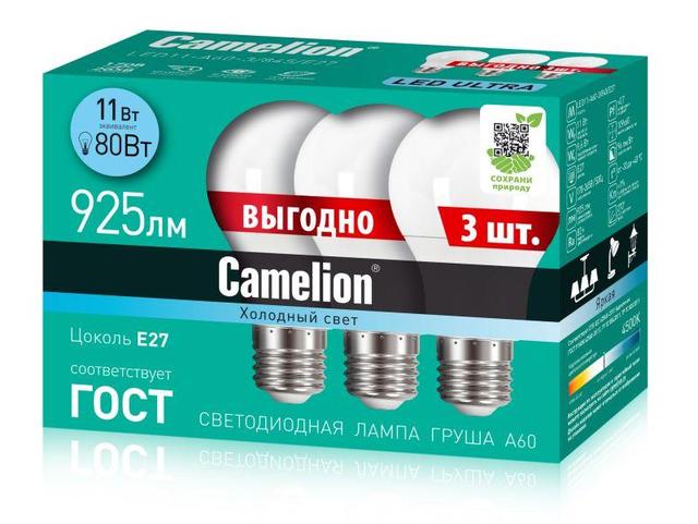 Лампа светодиодная LED11-A60-3/845/E27 11Вт 220В ПРОМО (уп.3шт) Camelion 14711